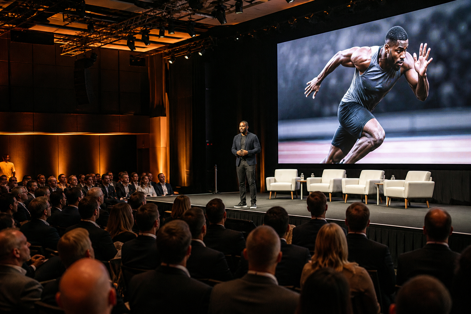 Keynote stage at a sports founders summit
